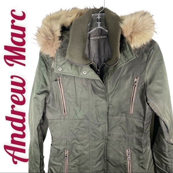 ANDREW MARC Olive Army Green Long Down Coat With Fur Trimmed Hood, Size Small - Picture 2 of 11
